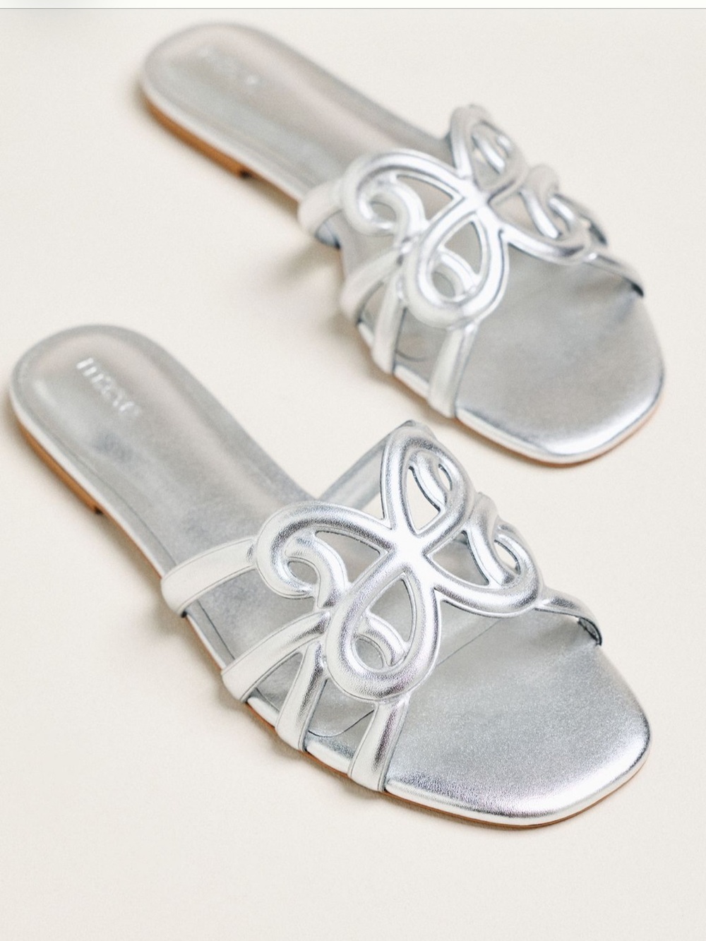 Maeve Logo Silver Slide Sandals, NIB, Size 9